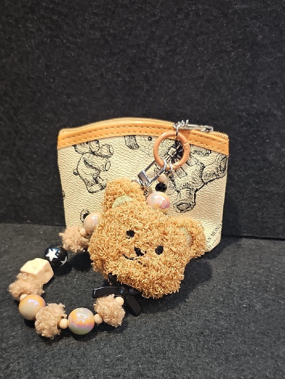 Beige Bear Keychain Wristlet - Charming Plush Accessory